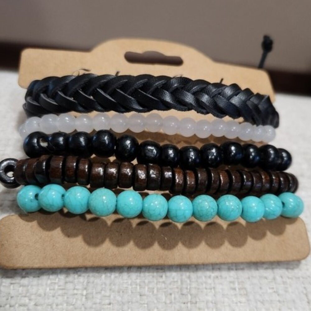 Nwt Womens Elegant Multi-Color Beaded & Leather Bracelet Set